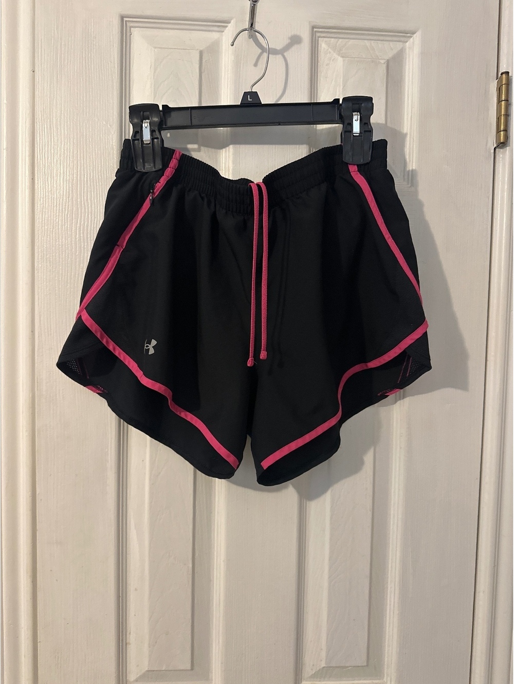 Under Armour Women's Black Running Shorts with Pink Trim, Size Large